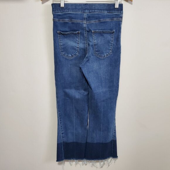 SPANX Cropped Flare Denim Jeans Stretch Raw Hem 2-Tone Blue Women's Medium X 26" - Picture 5 of 13